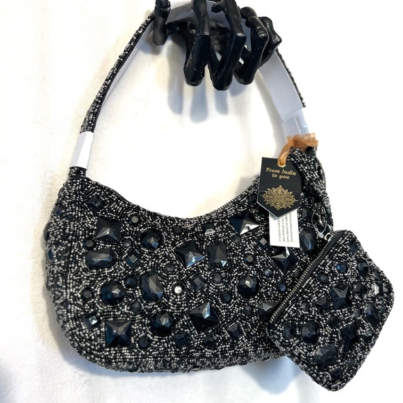 🖤🩶🖤 MADE IN INDIA BEAUTIFUL Black Beaded Shoulder Bag With Coin Purse🖤🩶🖤NWT - Picture 17 of 17